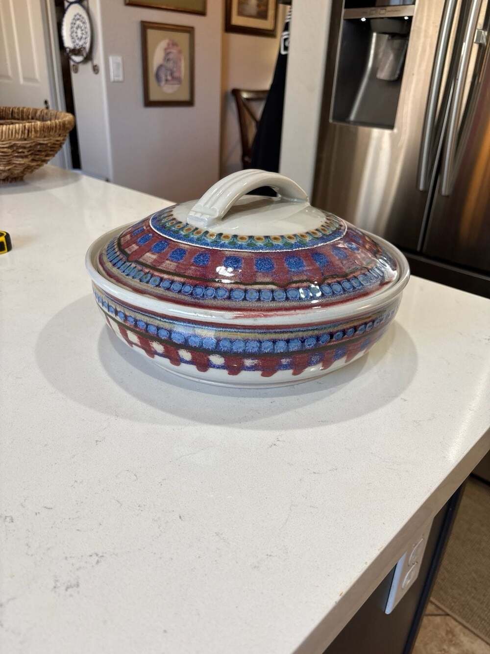 Vintage Signed Polish Pottery Round Lidded Casserole Serving Dish